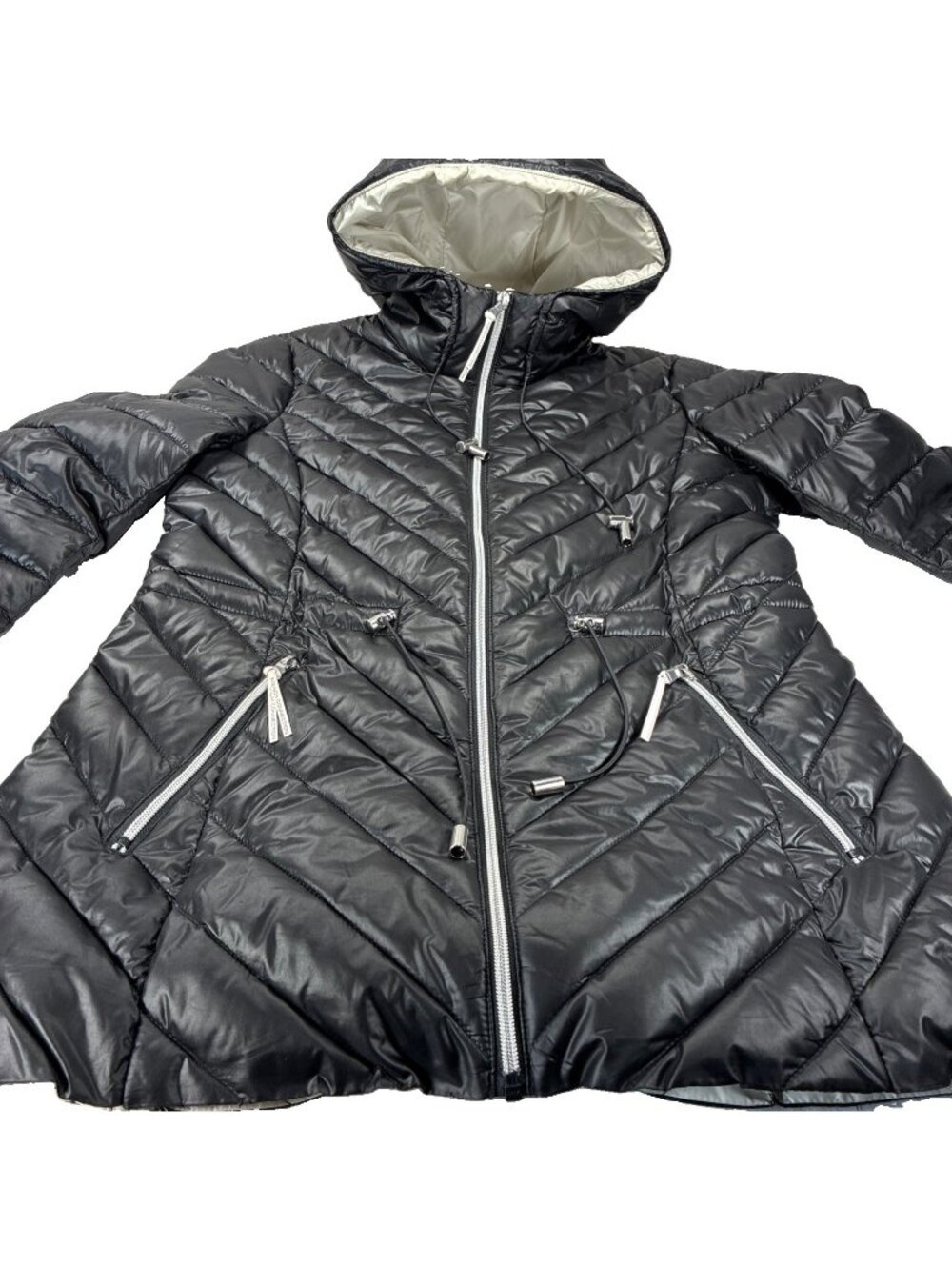 French Connection Packable Puffer Anorak Jacket Womens L Black Silver Hood